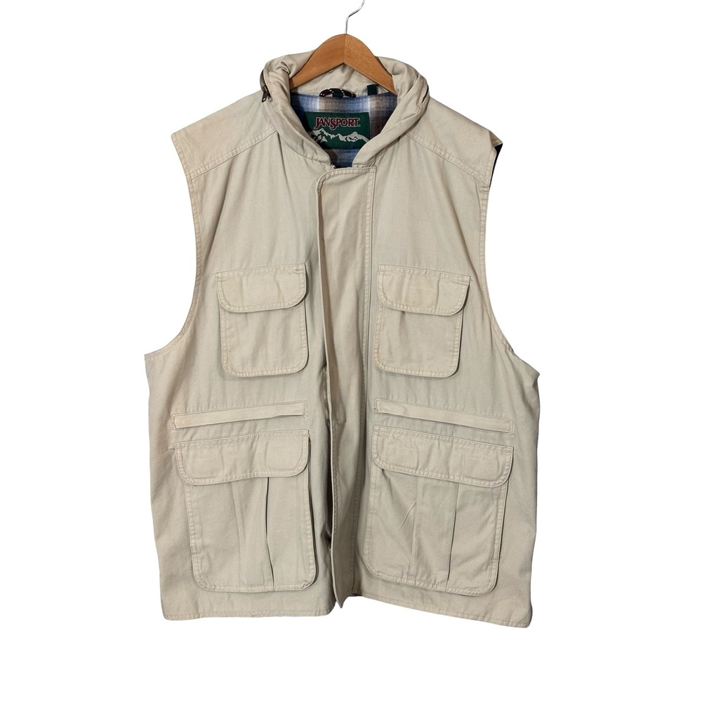 Jansport Vintage Flannel Lined Utility Cargo Vest Large Beige Cotton Canvas